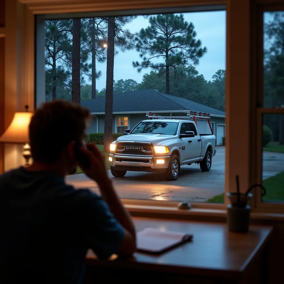 Phone answered at night while a roofer heads out to a leaking roof in Milton, Florida