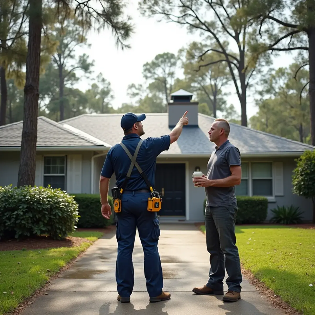 Roofer explaining a shingle repair to a homeowner on the driveway of a Milton, FL home