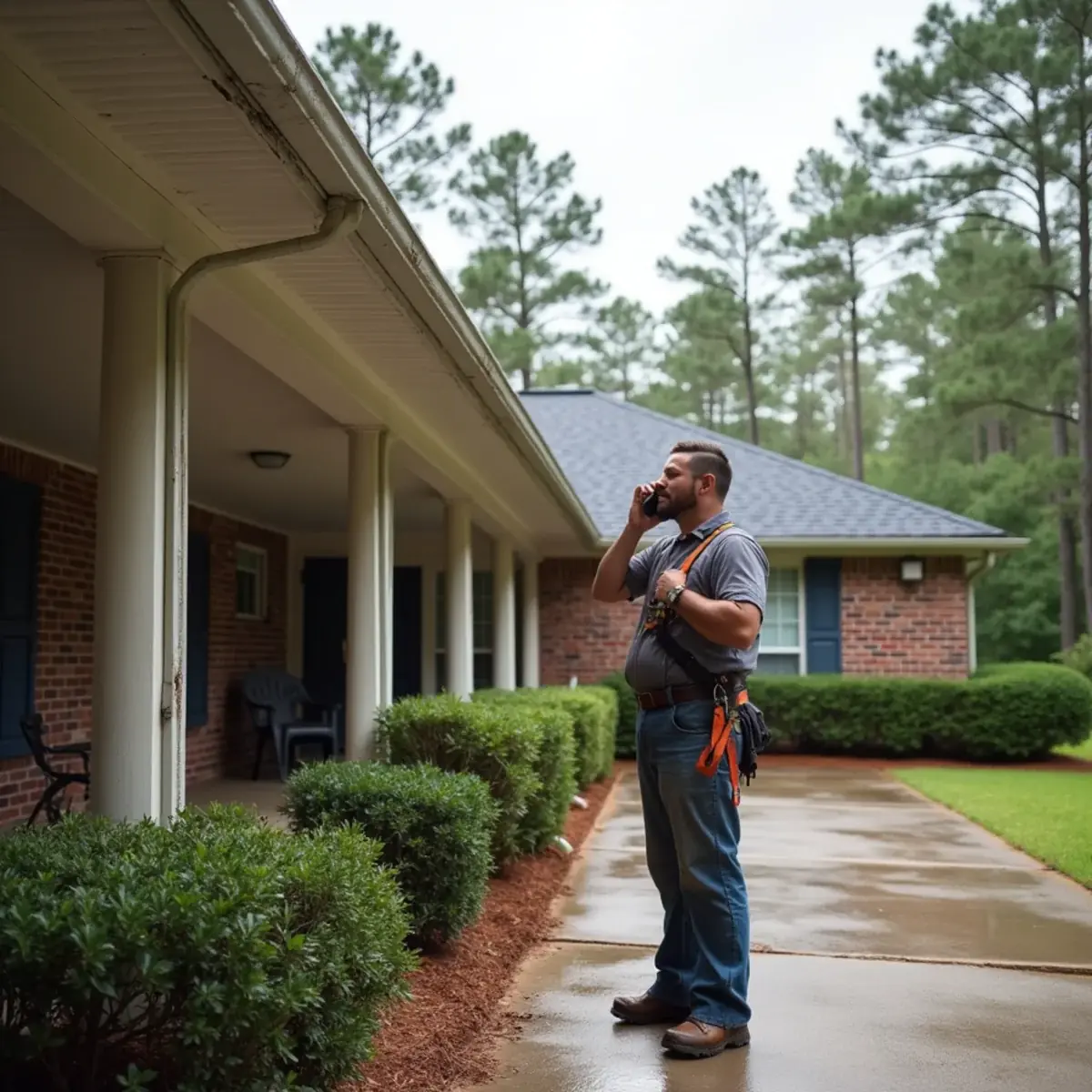 Homeowner calling a roofer from the porch of a Milton, FL home after a summer storm