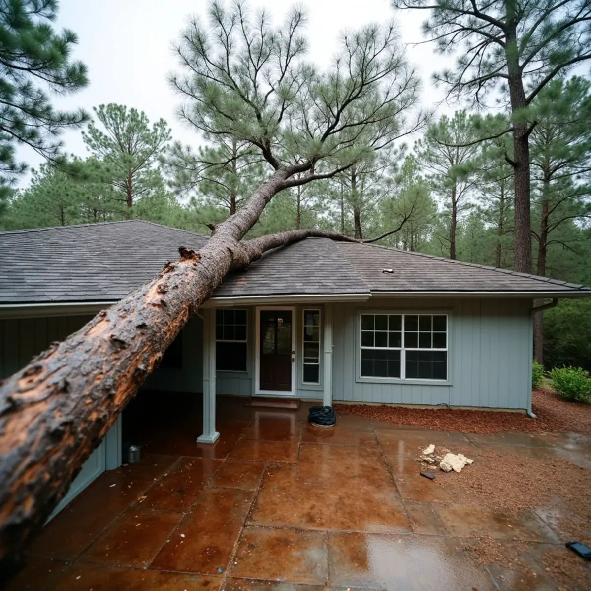 Large pine limb that broke through an architectural shingle roof on a ranch home in Milton, FL