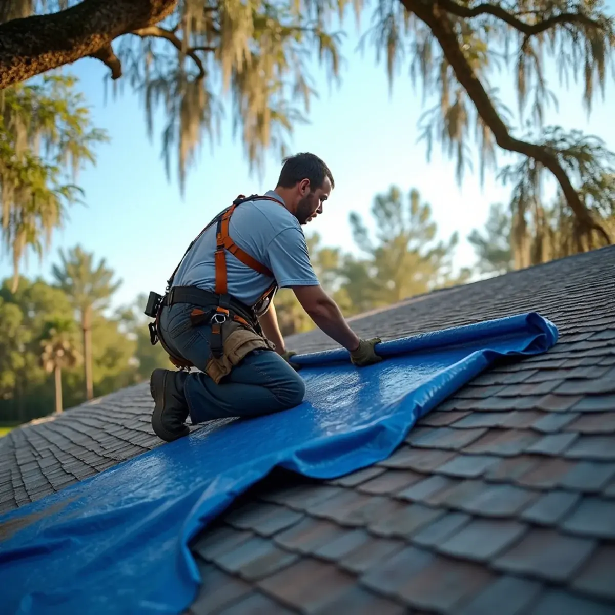 Roofer removing a temporary tarp and installing new shingles on a home in Milton, FL