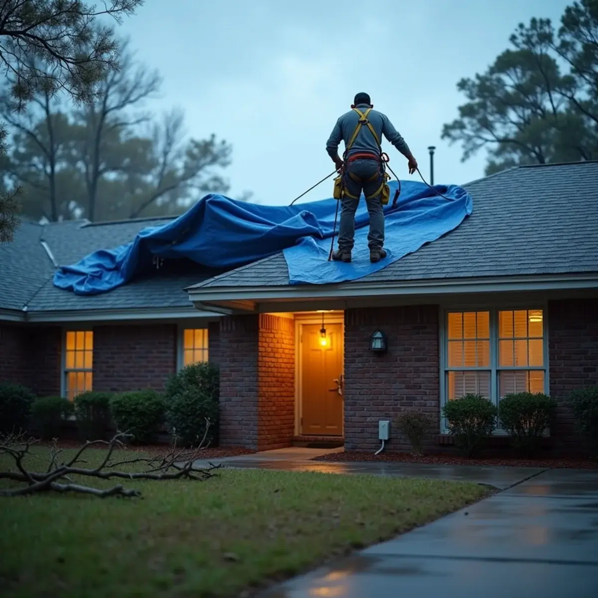 Roofer securing a blue emergency tarp over a storm-damaged shingle roof in Milton, FL at dusk