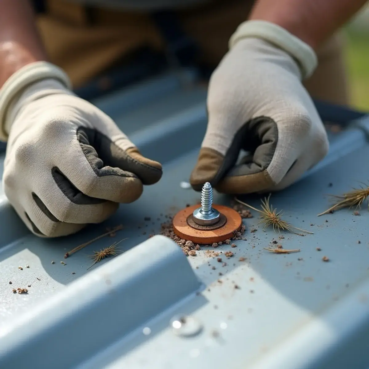 Roofer replacing a backed-out screw and cracked washer on a 5V crimp metal roof in Milton, FL