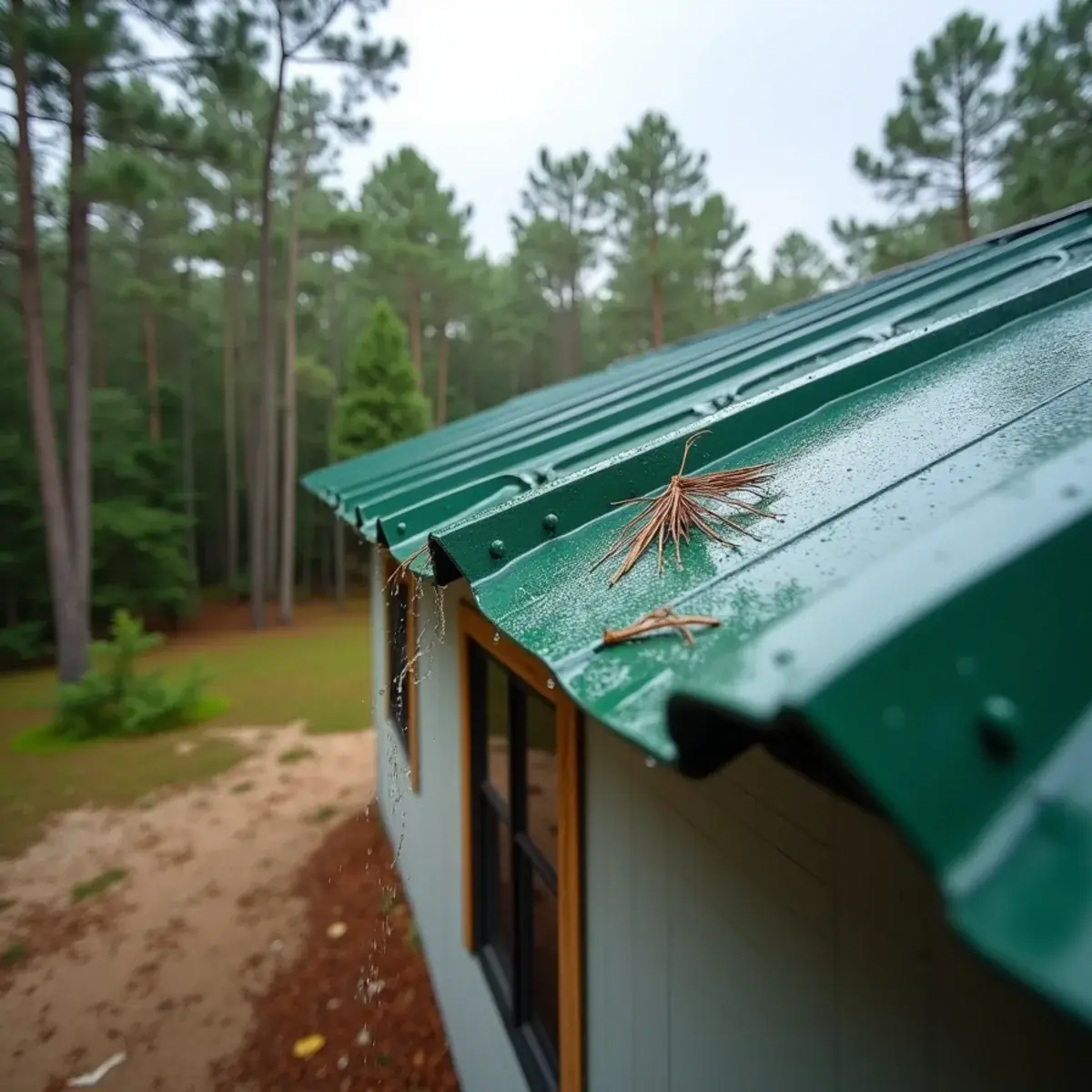 Screw-down metal roof shedding pine needles after rain on an acreage home in East Milton, FL