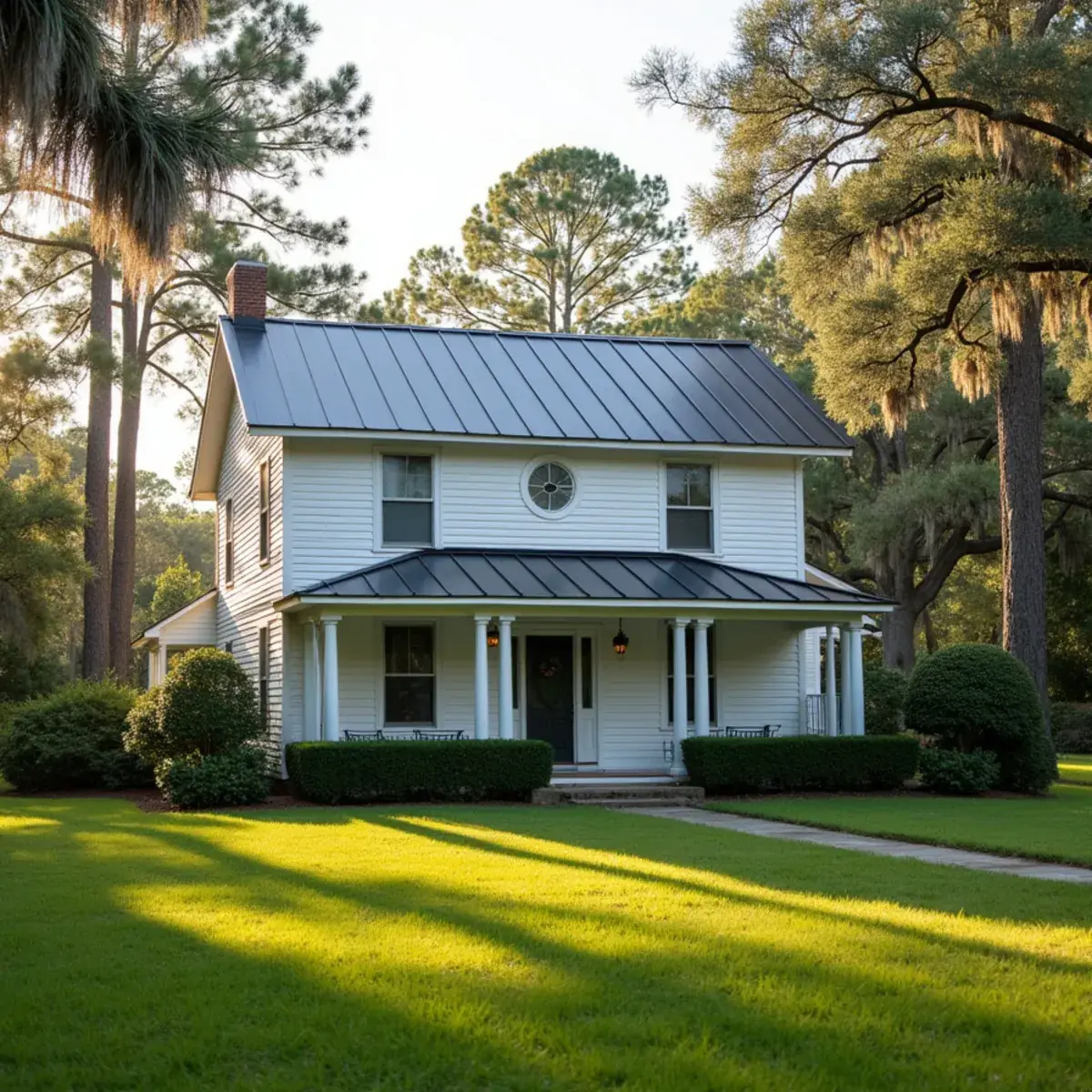 Standing seam metal roof on a frame farmhouse surrounded by pines in Milton, FL
