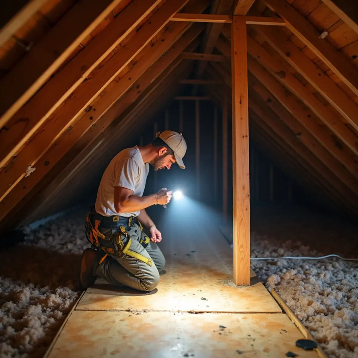 Roofer checking roof decking for water stains with a flashlight in a Milton, FL attic