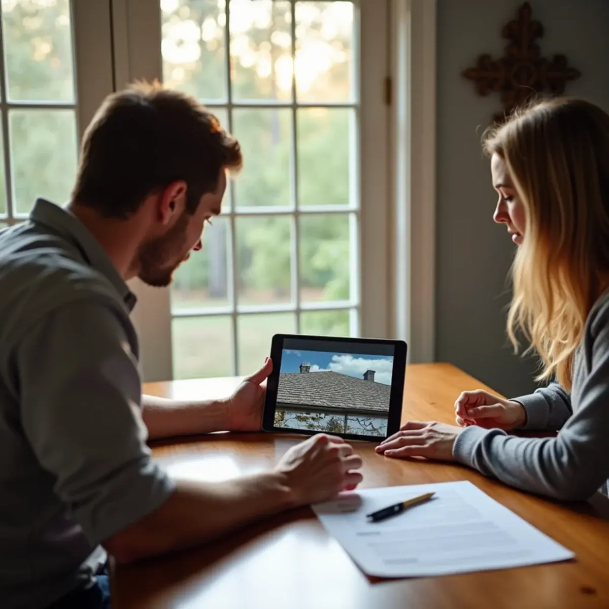 Homeowner reviewing roof inspection photos and a written condition report at a kitchen table in Milton, FL