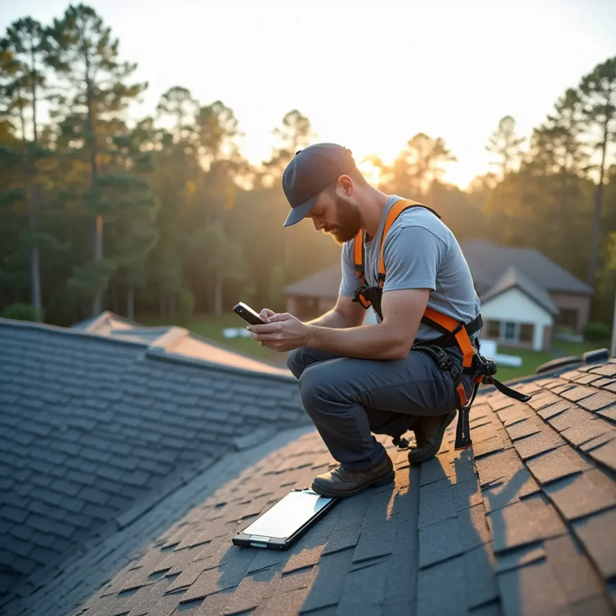 Roofer inspecting architectural shingles and photographing a pipe boot on a home in Milton, FL