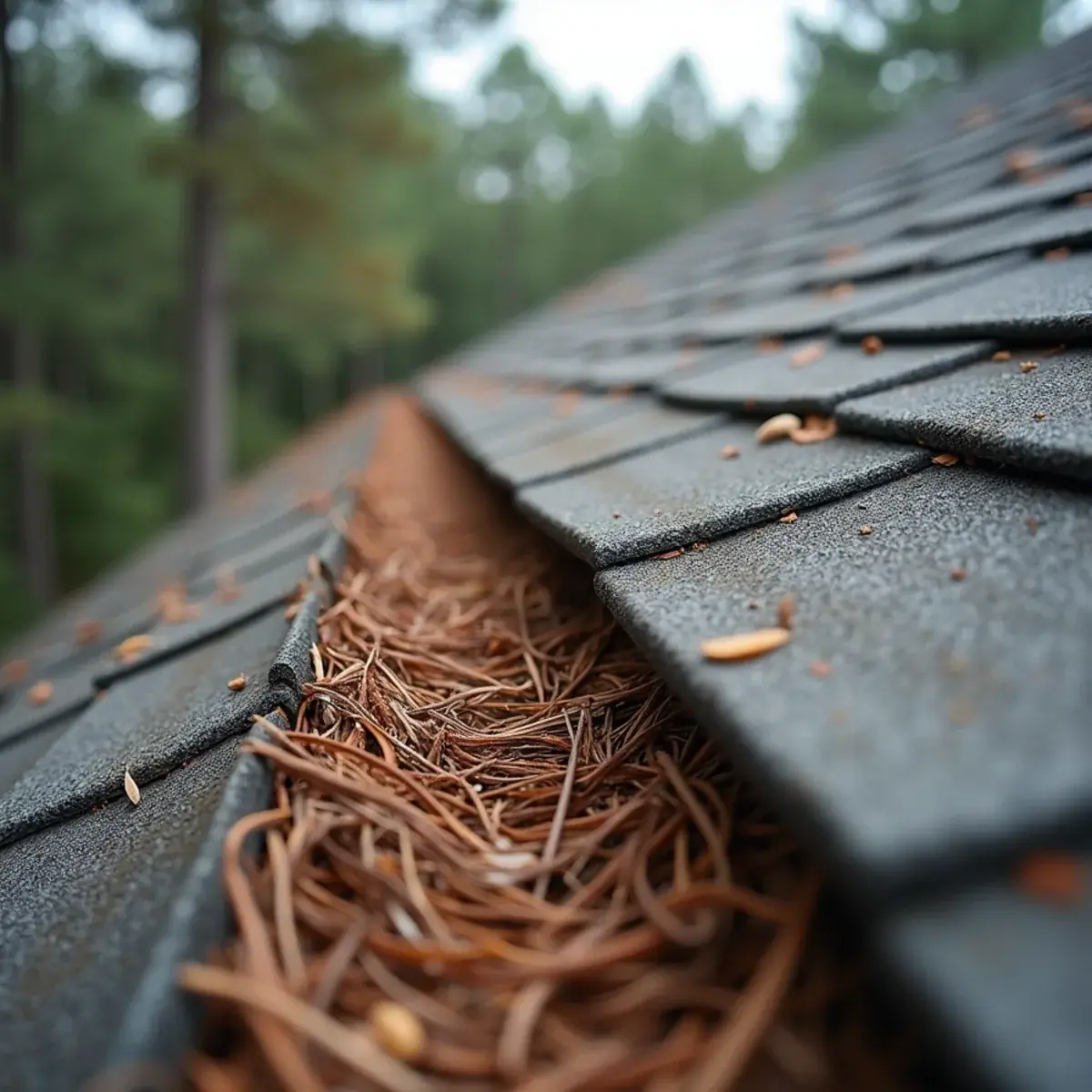 Roof valley filled with pine needles on a shingle home in Milton, Florida, a common cause of roof leaks
