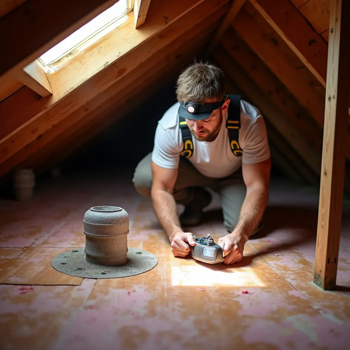 Roofer using a moisture meter on attic roof decking to trace a leak in a Milton, FL home