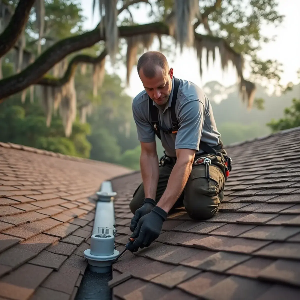 Roofer replacing a cracked pipe boot on an architectural shingle roof in Milton, FL