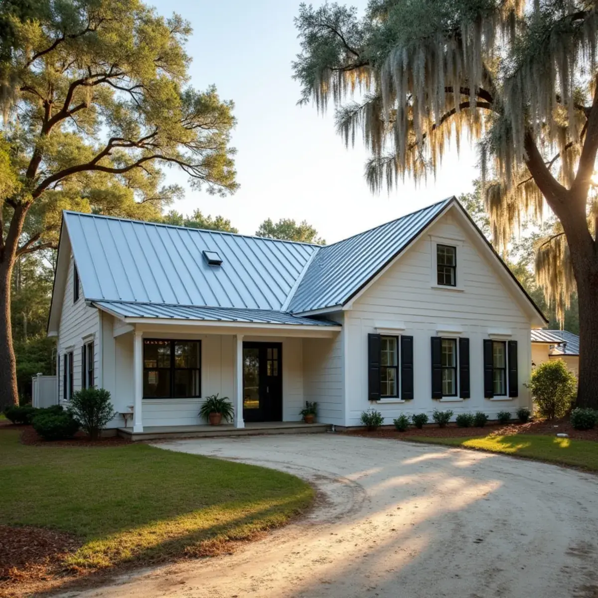 New standing seam metal roof on a frame home near Milton, FL, surrounded by longleaf pines