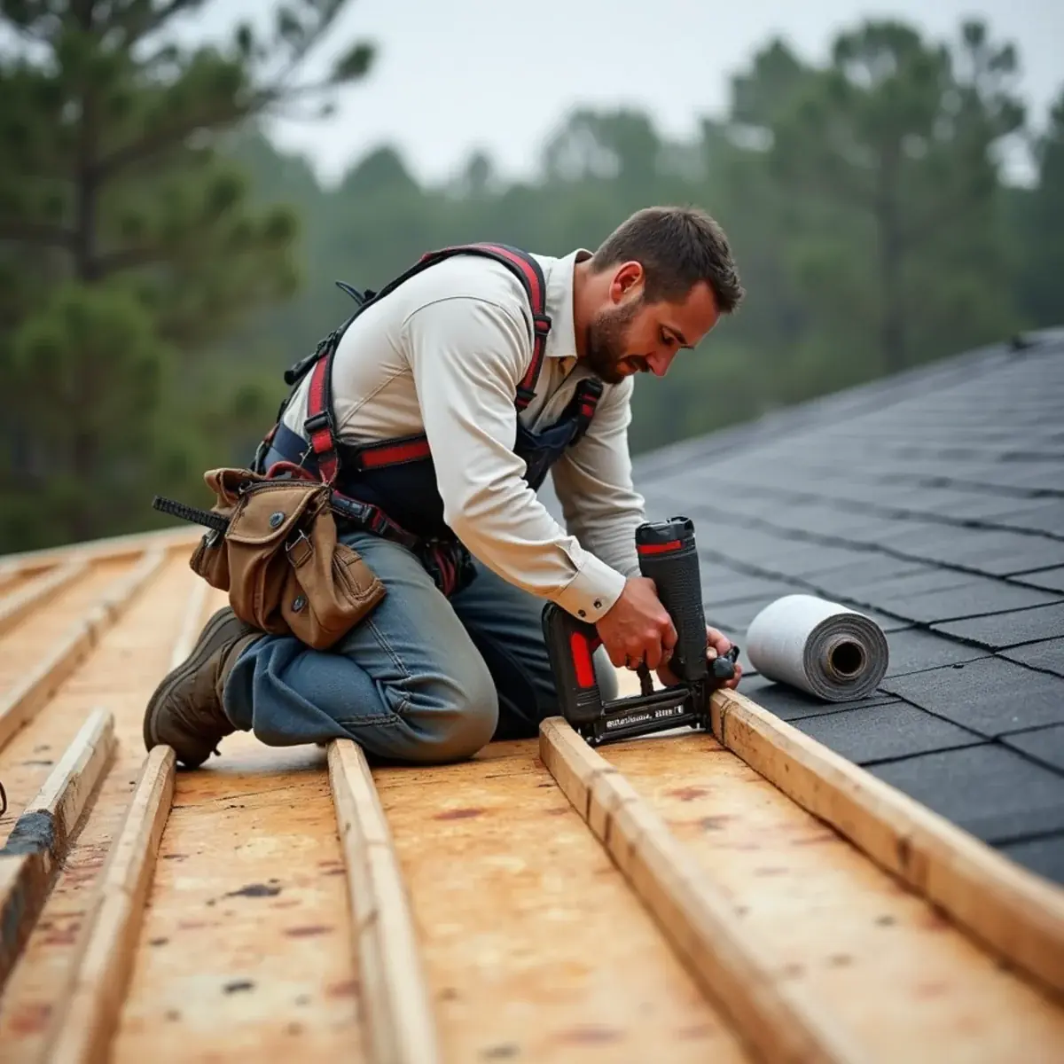 Roofer checking exposed plywood decking after tear-off during a reroof in Santa Rosa County, FL