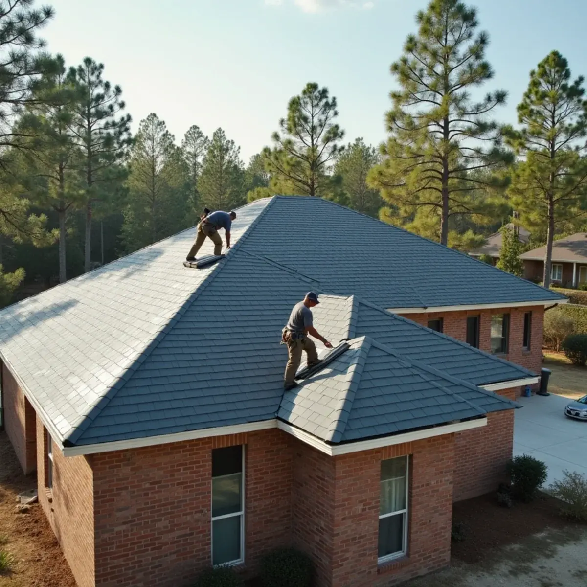 Roofers installing new architectural shingles during a roof replacement on a Milton, FL ranch home