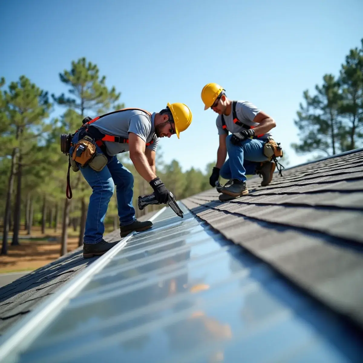 Roofer fastening new metal roof panels beside a shingle roof section on a Milton, FL home