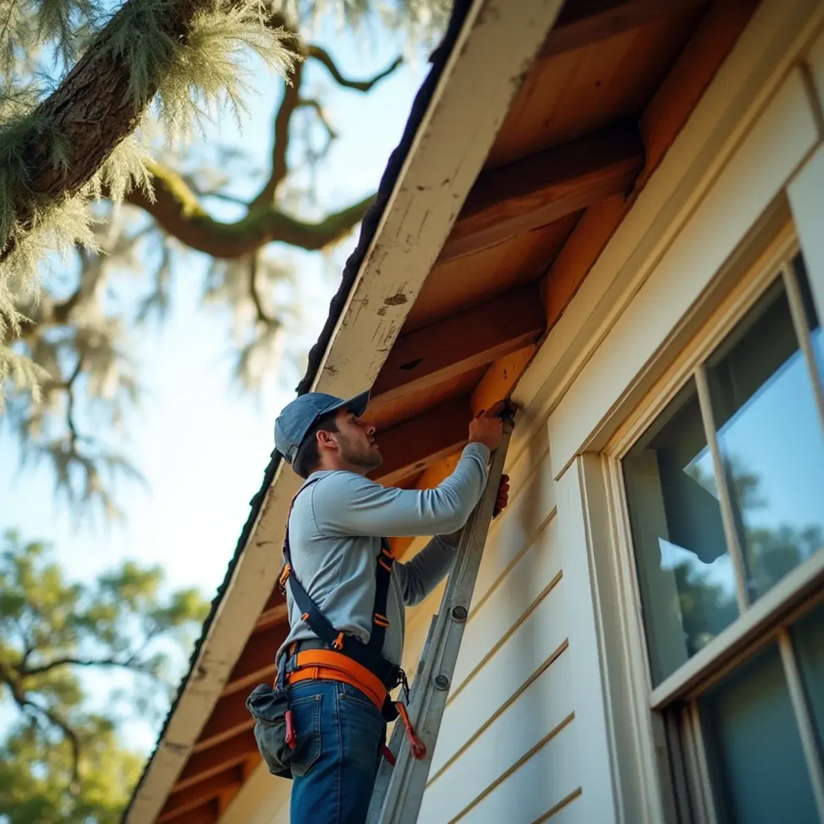 Roofer replacing rotted fascia under the deep roof overhang of an old frame home in Bagdad, FL