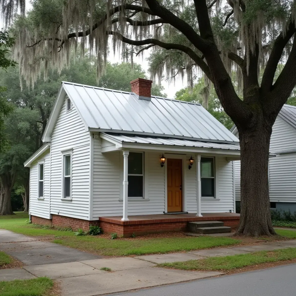 Historic frame vernacular house in Bagdad, FL with a deep overhanging roof and metal roofing