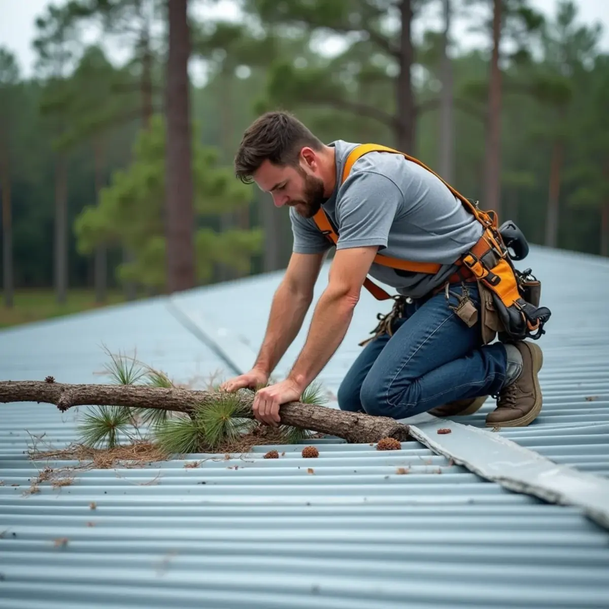 Roofer checking a dented metal roof panel after a pine limb fell on a home in East Milton, FL
