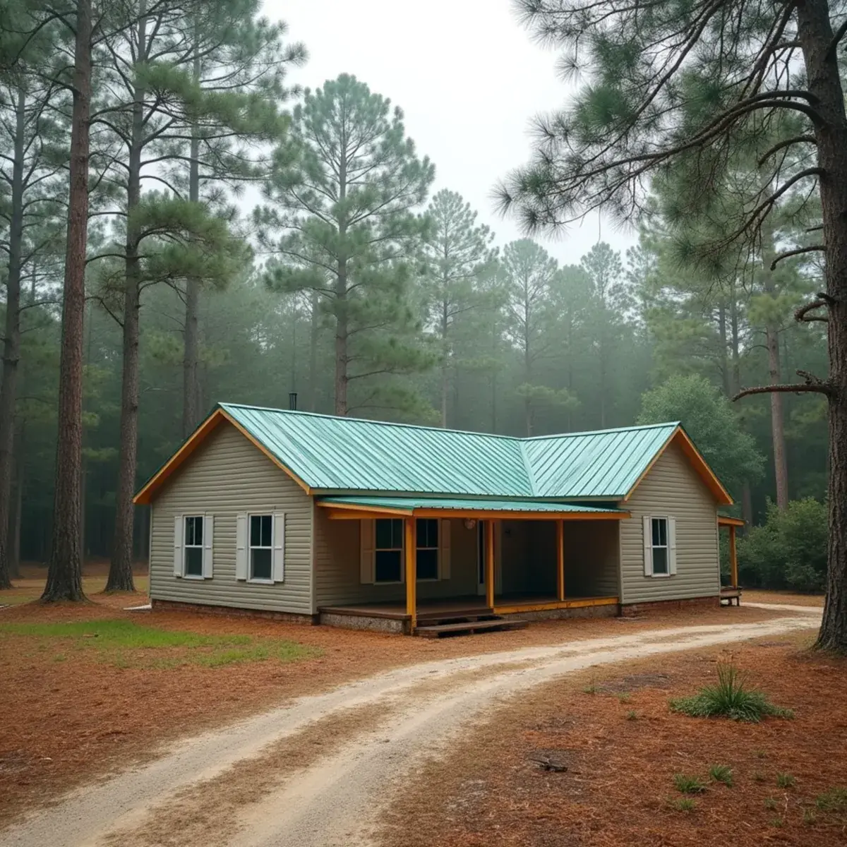 Acreage home in East Milton, FL with a green screw-down metal roof under tall pines