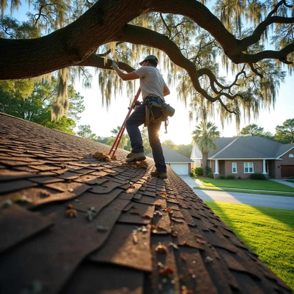 Live oak limbs hanging over a shingle roof on a brick home near the bay in Gulf Breeze, FL