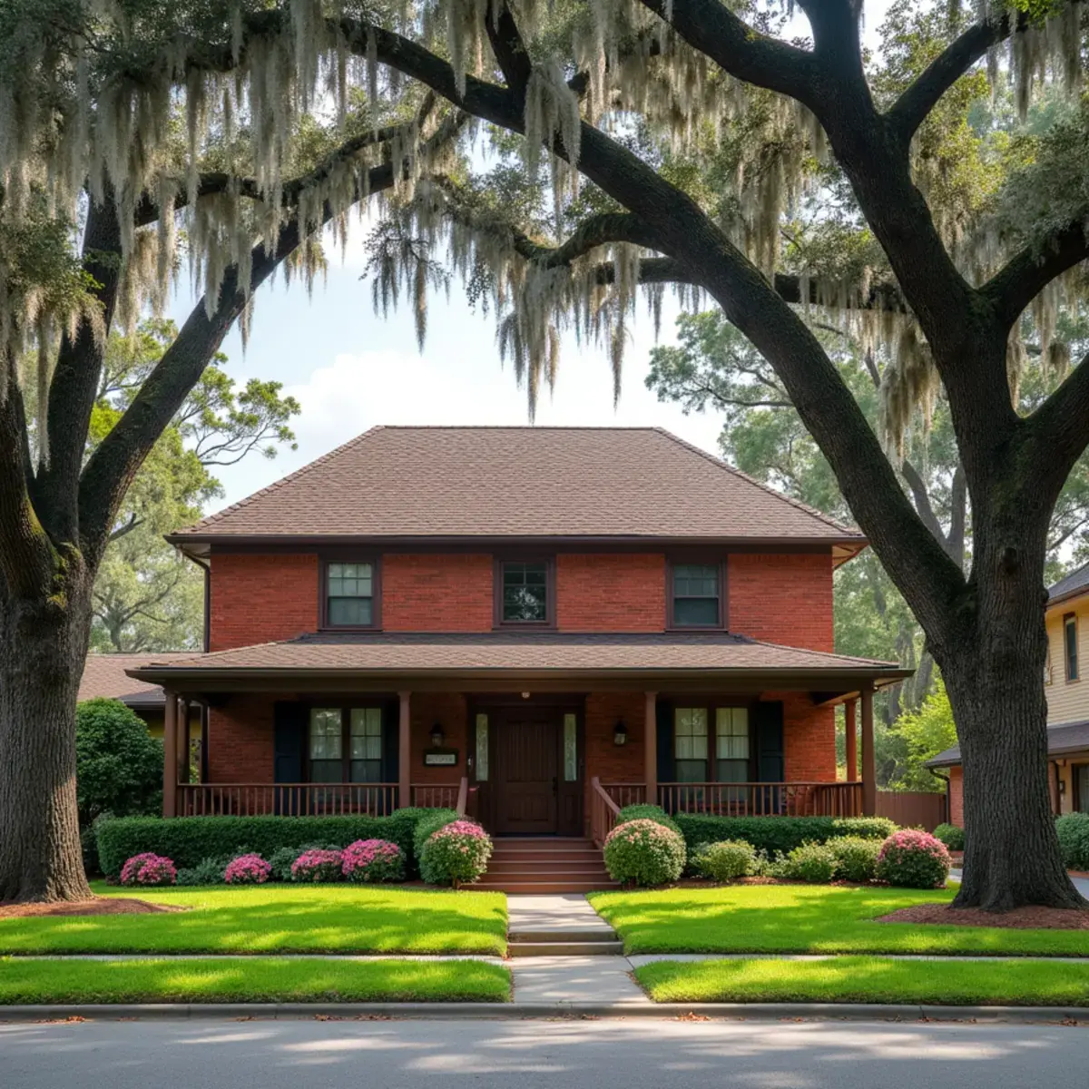 Brick home under large live oaks in Gulf Breeze, FL with an architectural shingle roof near Pensacola Bay
