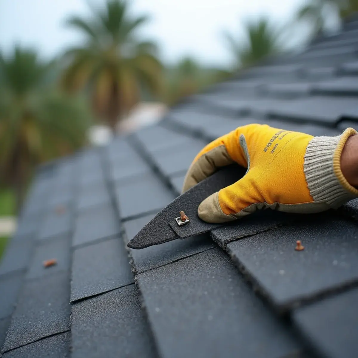 Close view of wind-lifted and creased shingles on a roof in Navarre, FL