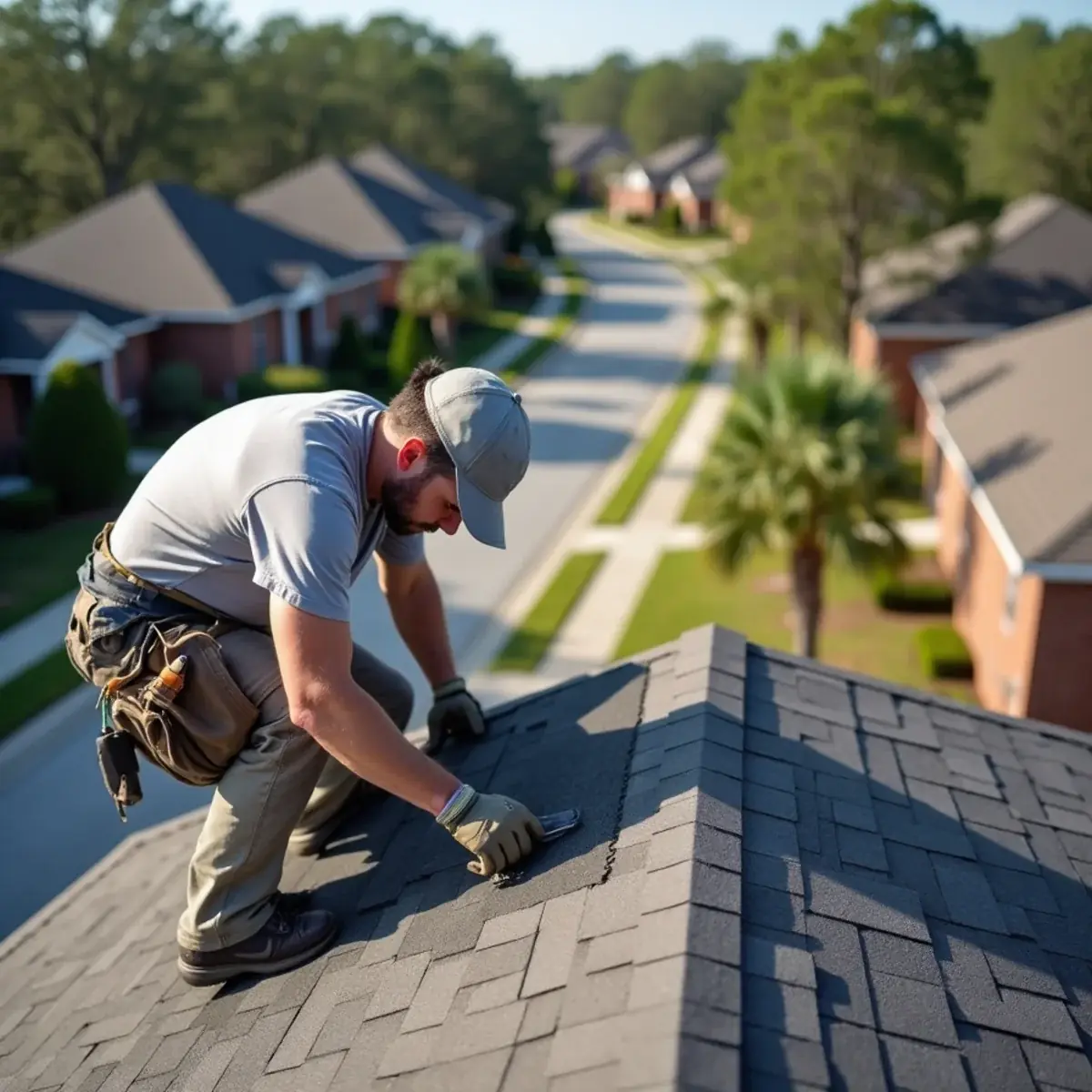 Aging architectural shingle roof on a brick subdivision home in Pace, FL