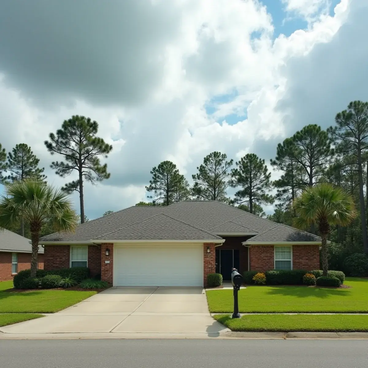 Brick subdivision home in Pace, FL with a weathered architectural shingle roof