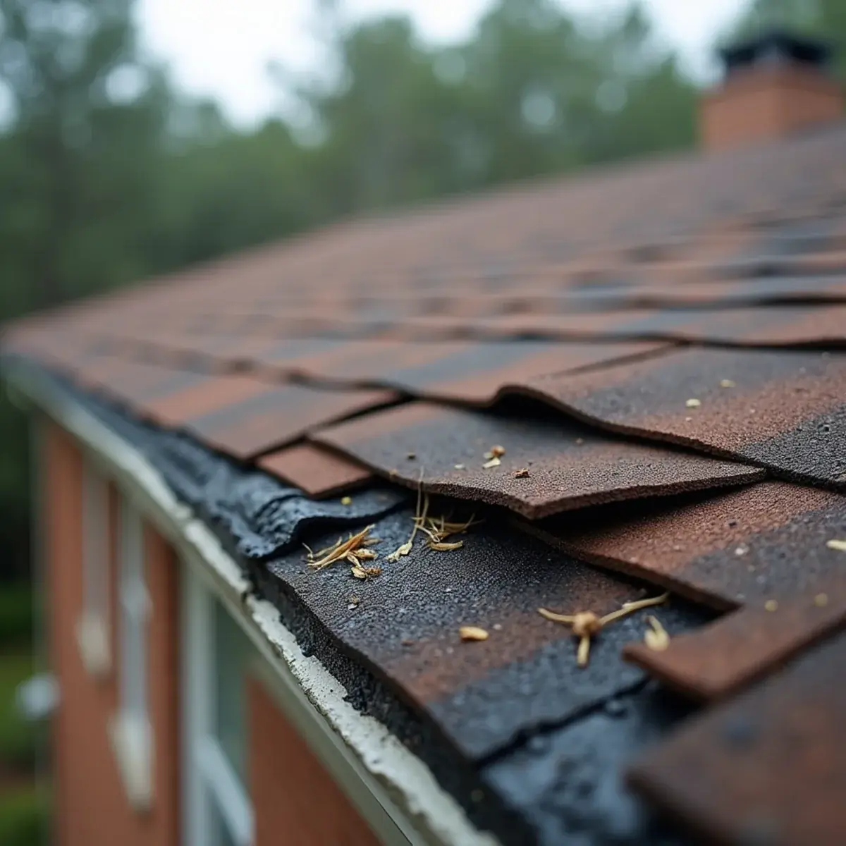 Missing and creased architectural shingles along a roof rake after a storm in Milton, Florida