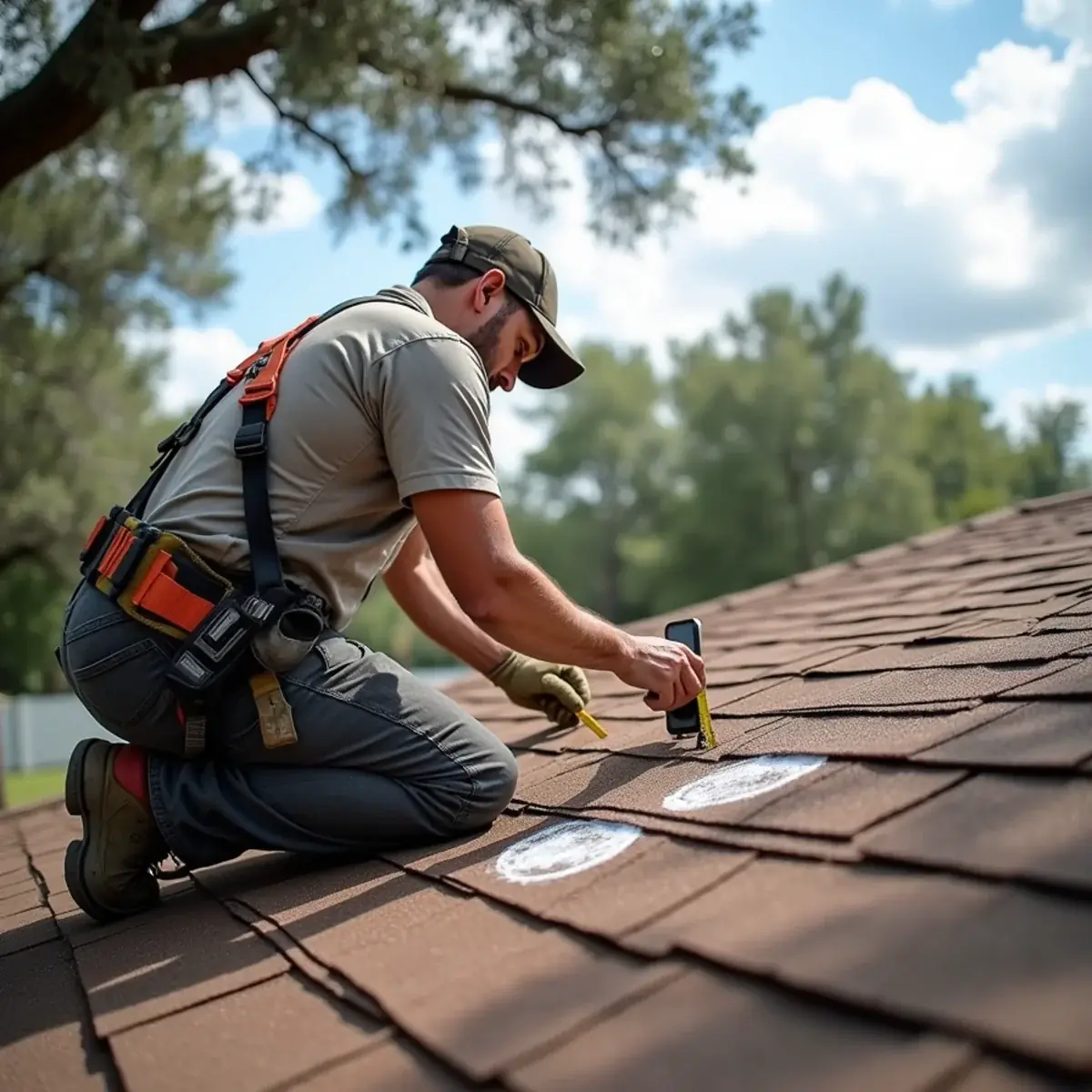 Roofer measuring and photographing hail and wind damage during a storm damage roof inspection in Santa Rosa County, FL