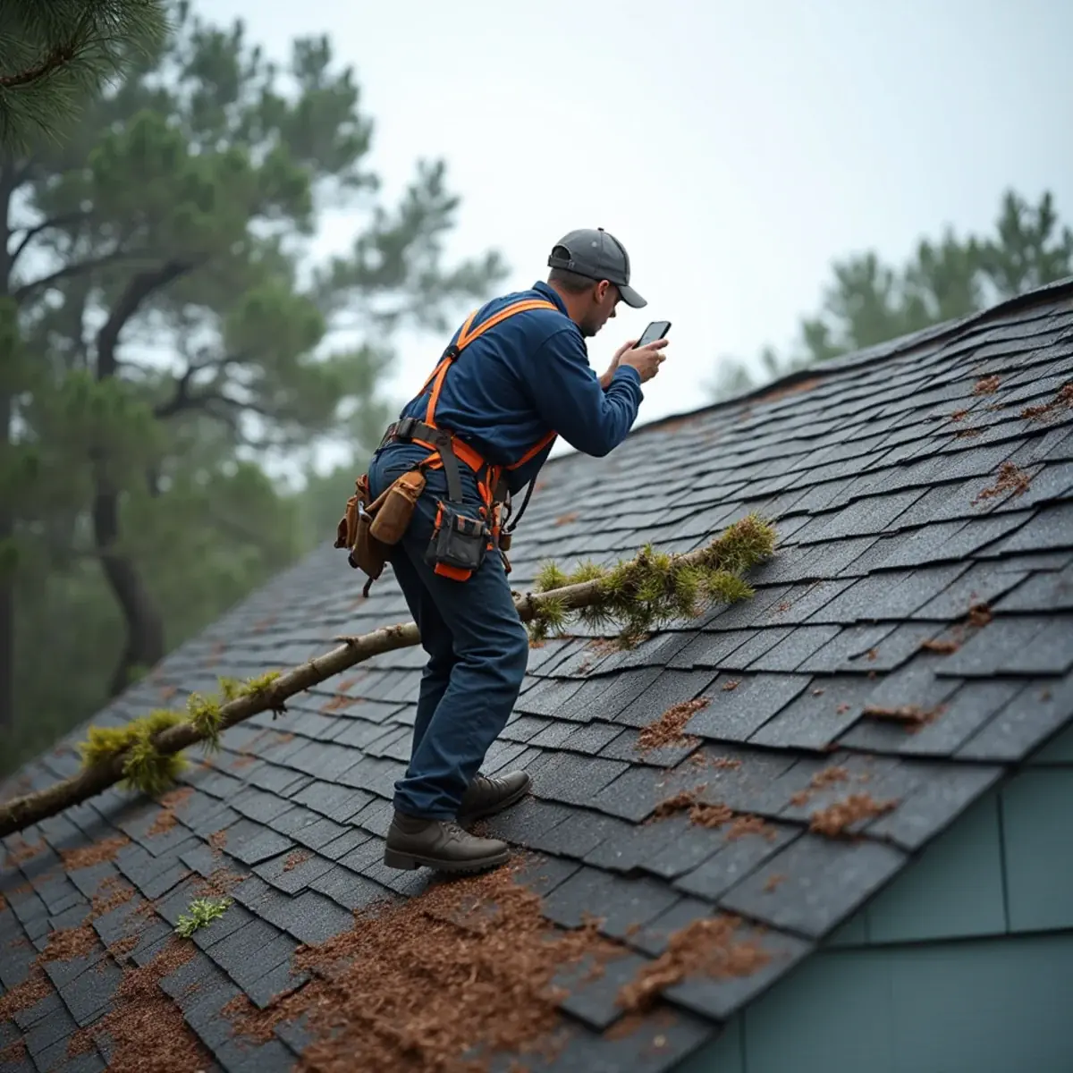 Roofer inspecting wind-damaged shingles and a fallen pine limb on a Milton, FL roof after a storm